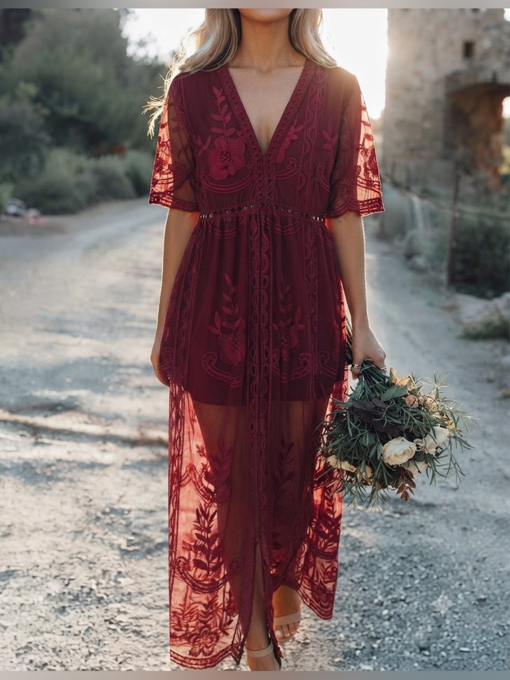 ELETER WOMEN’S BOHO LACE MAXI DRESS – ROMANTIC SHEER OVERLAY (A)